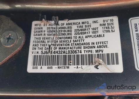 2010 Honda Cr-V Lx z USA, uszkodzony, nr VIN 5J6RE4H32AL030674